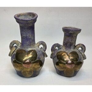 2 Vintage Mexican Terracotta Pottery Collectible Vases With Flower 7" & 6"